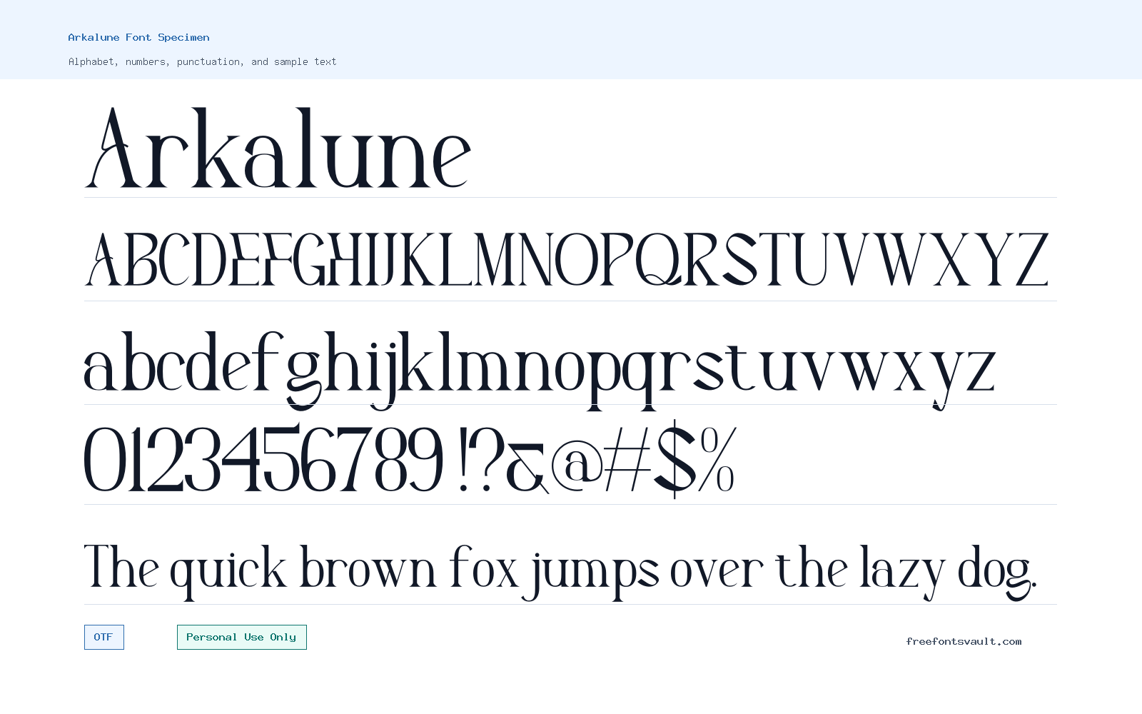 Arkalune font specimen showing alphabet, numbers, and sample text