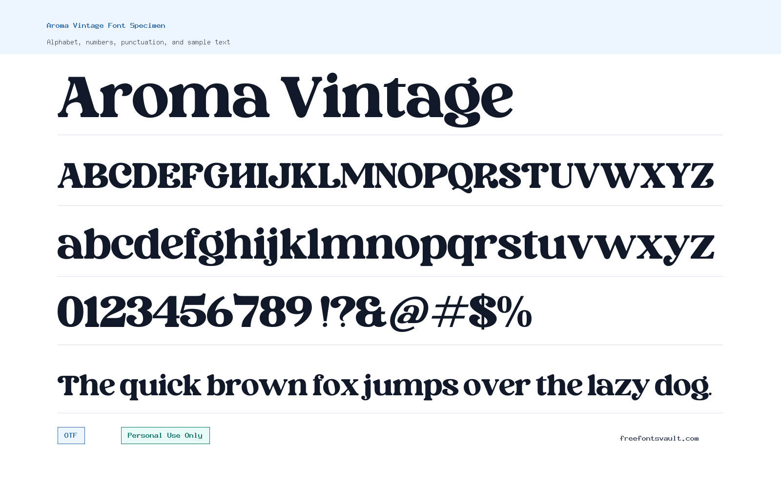 Aroma Vintage font specimen showing alphabet, numbers, and sample text