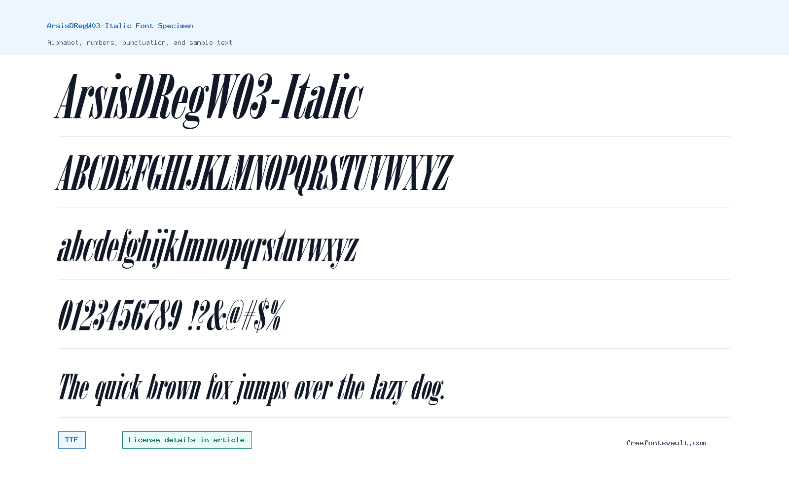 ArsisDRegW03-Italic font specimen showing alphabet, numbers, and sample text