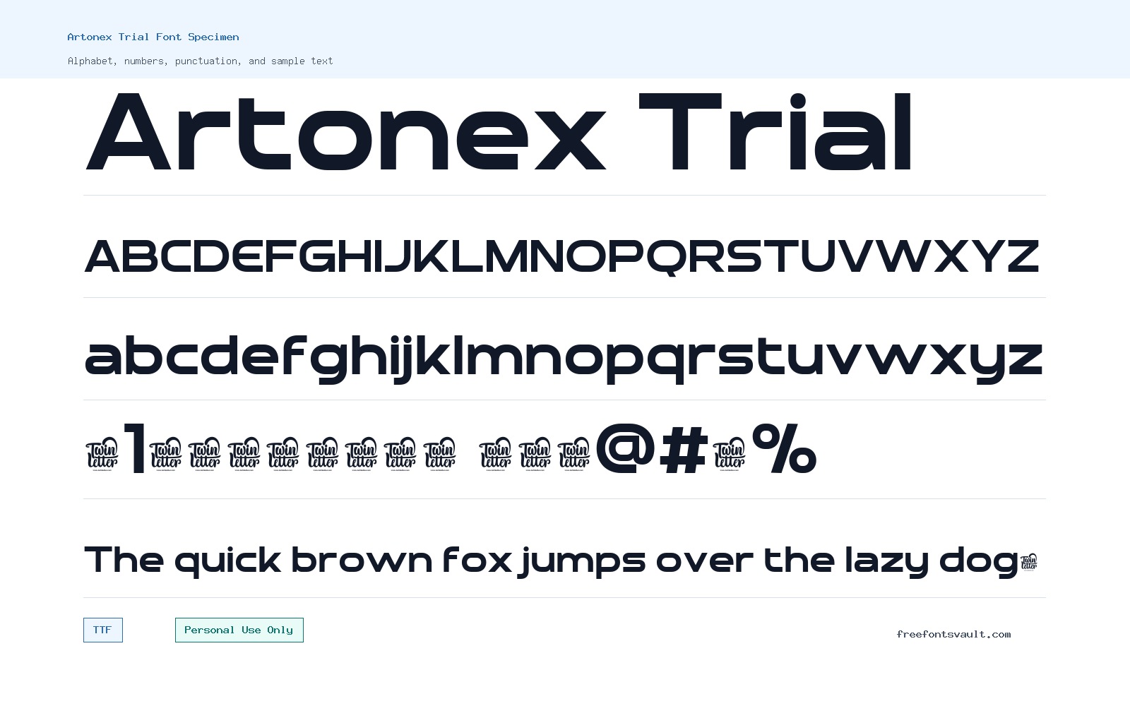 Artonex Trial font specimen showing alphabet, numbers, and sample text
