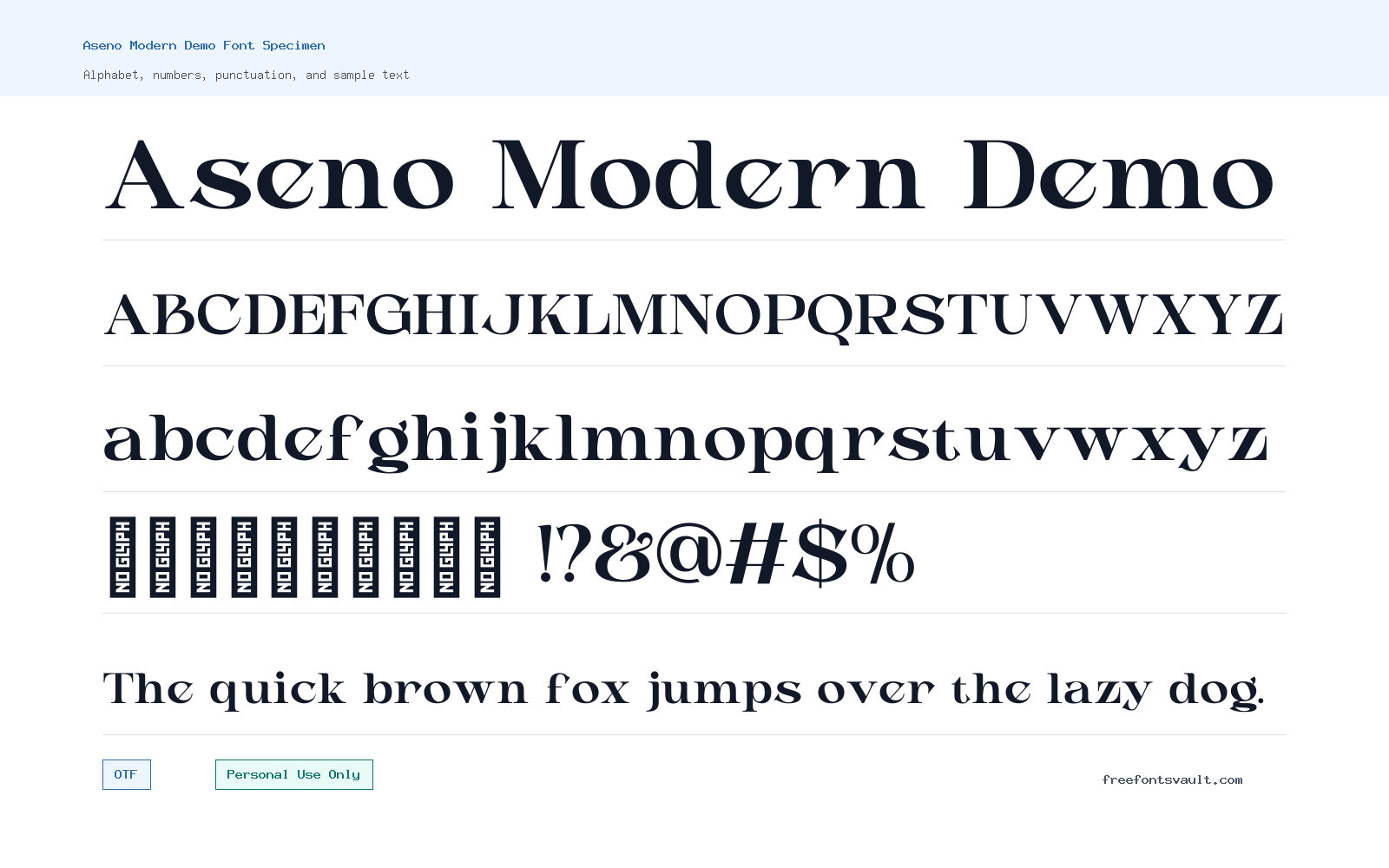 Aseno Modern Demo font specimen showing alphabet, numbers, and sample text