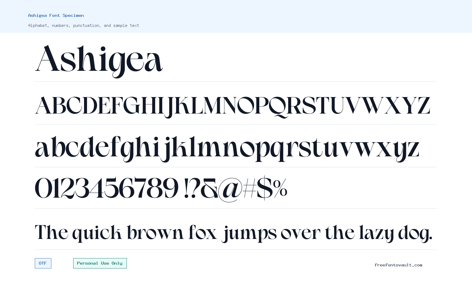 Ashigea font specimen showing alphabet, numbers, and sample text
