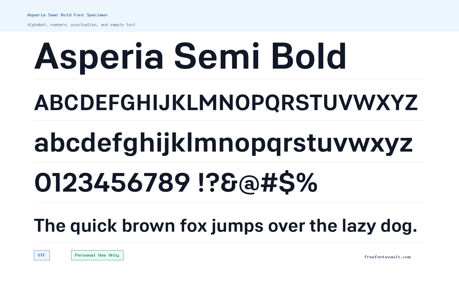 Asperia Semi Bold font specimen showing alphabet, numbers, and sample text