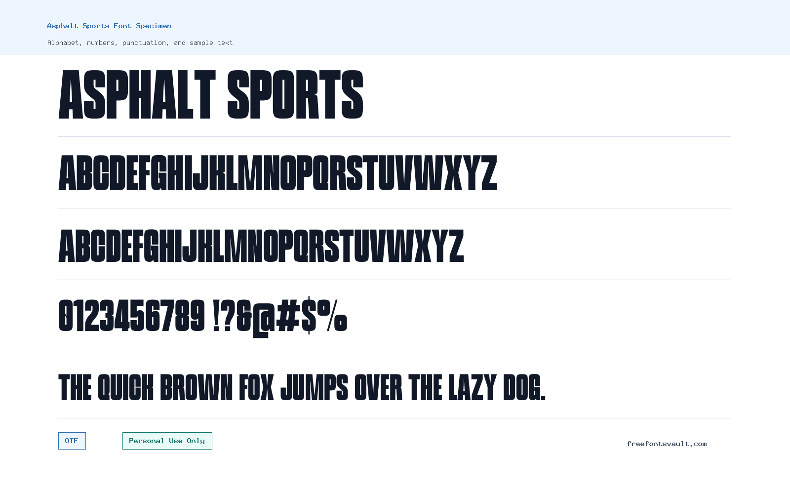 Asphalt Sports font specimen showing alphabet, numbers, and sample text