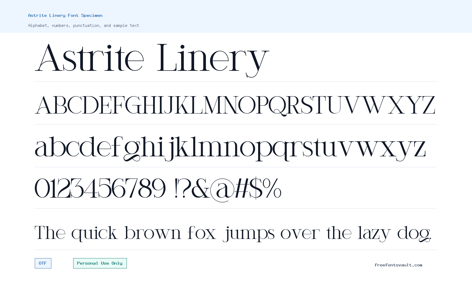 Astrite Linery font specimen showing alphabet, numbers, and sample text