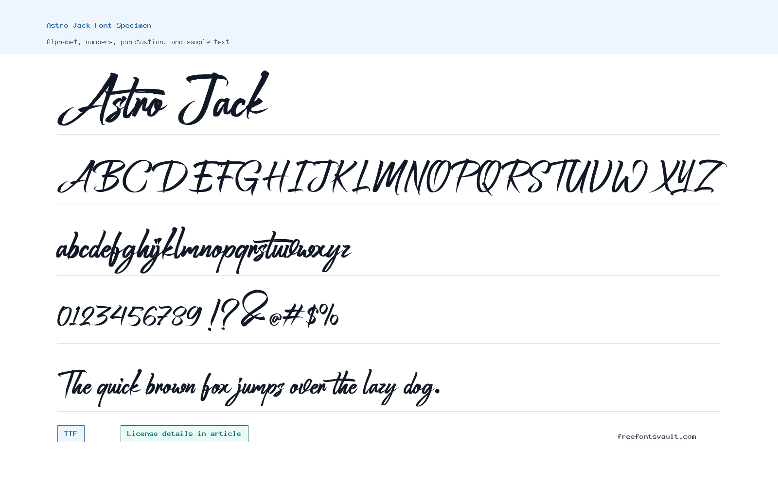 Astro Jack font specimen showing alphabet, numbers, and sample text