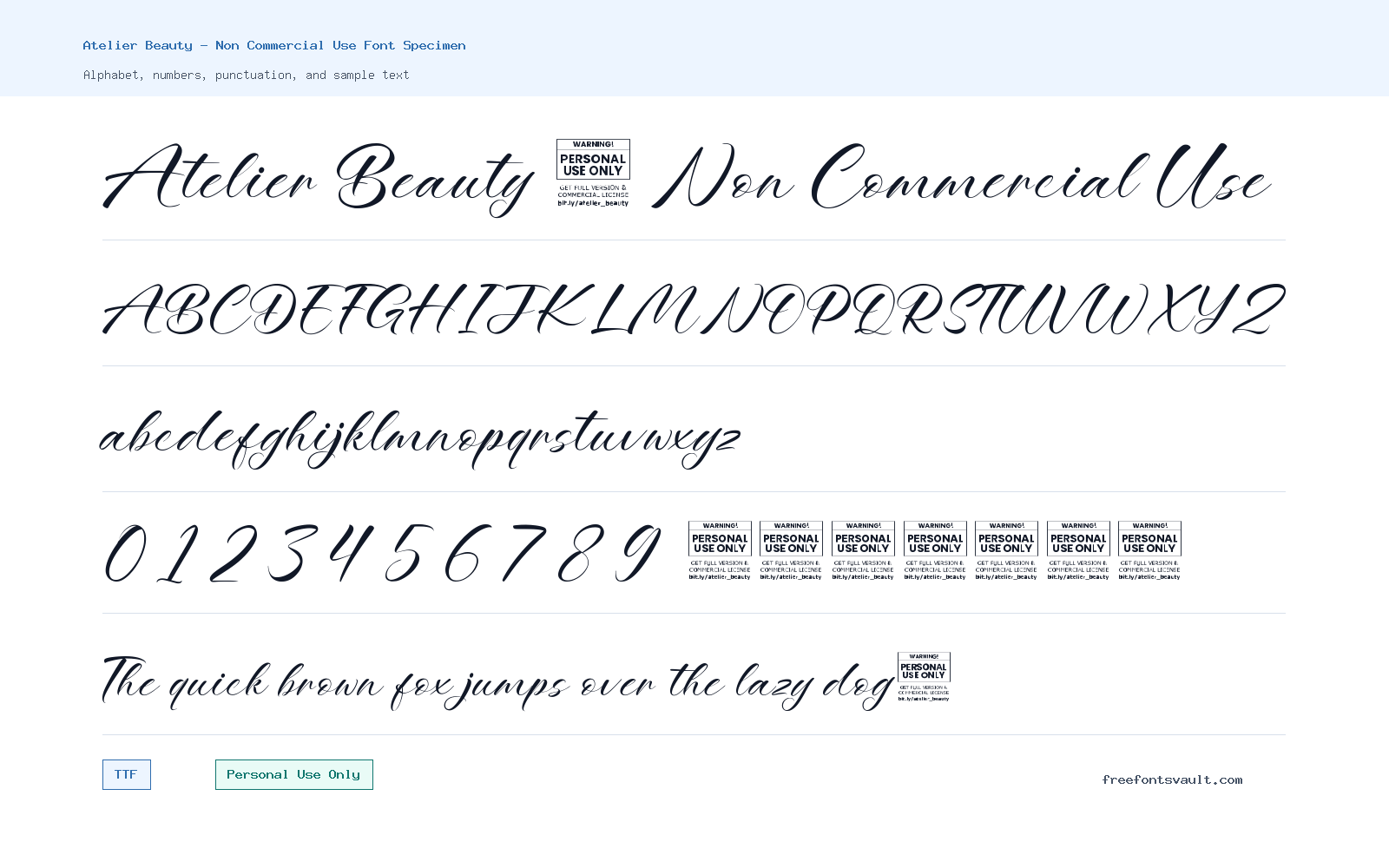 Atelier Beauty - Non Commercial Use font specimen showing alphabet, numbers, and sample text