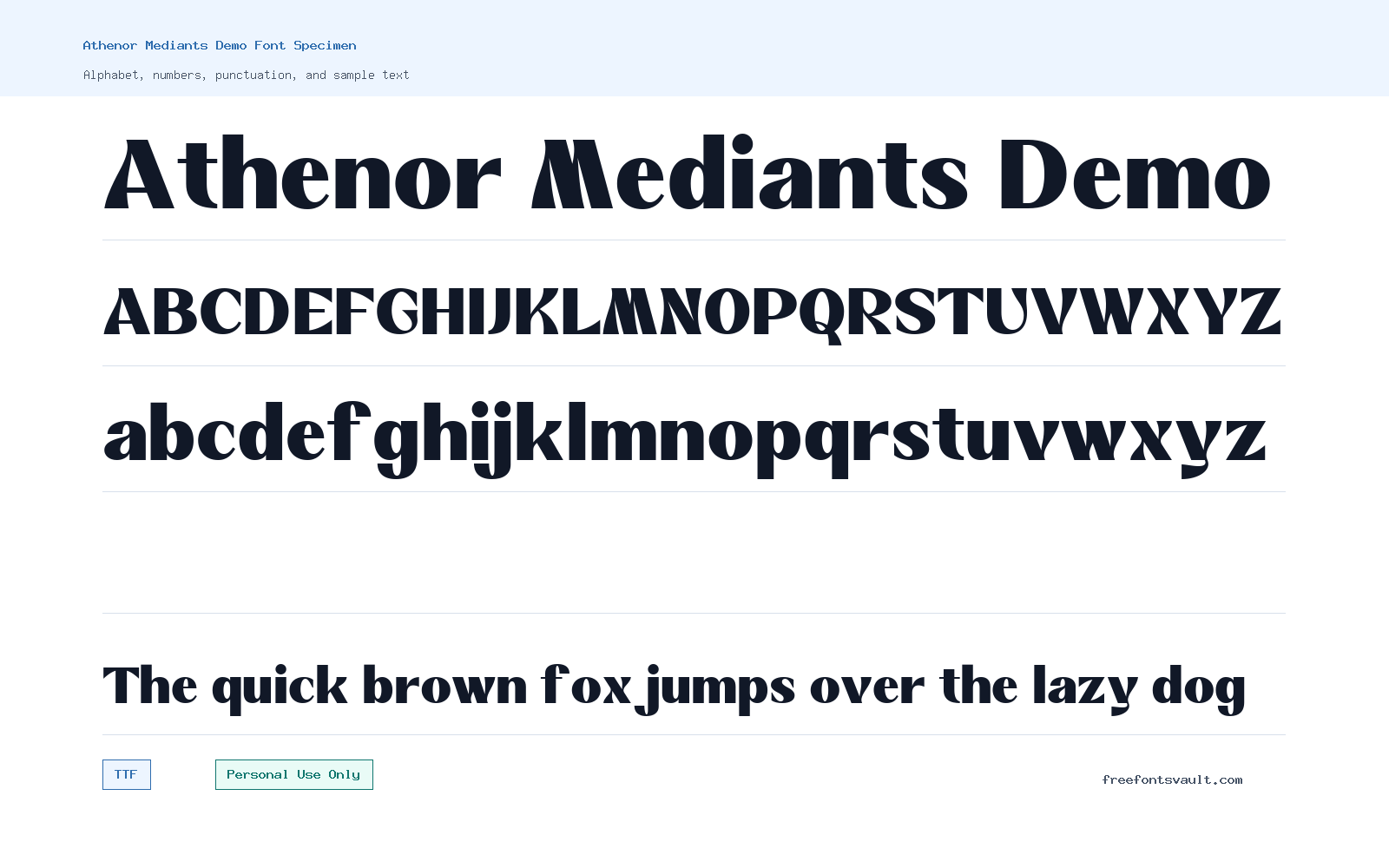 Athenor Mediants Demo font specimen showing alphabet, numbers, and sample text