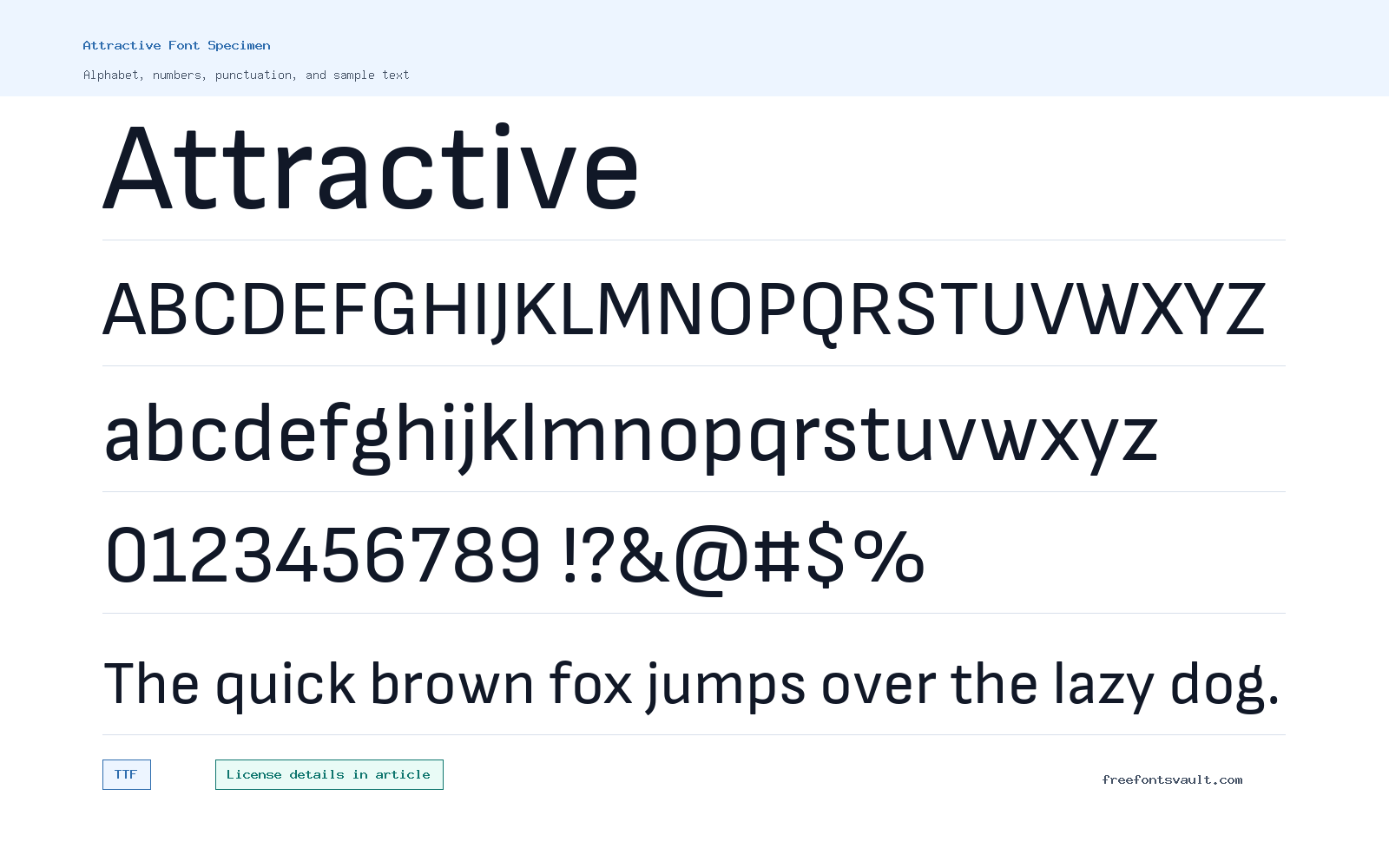 Attractive font specimen showing alphabet, numbers, and sample text