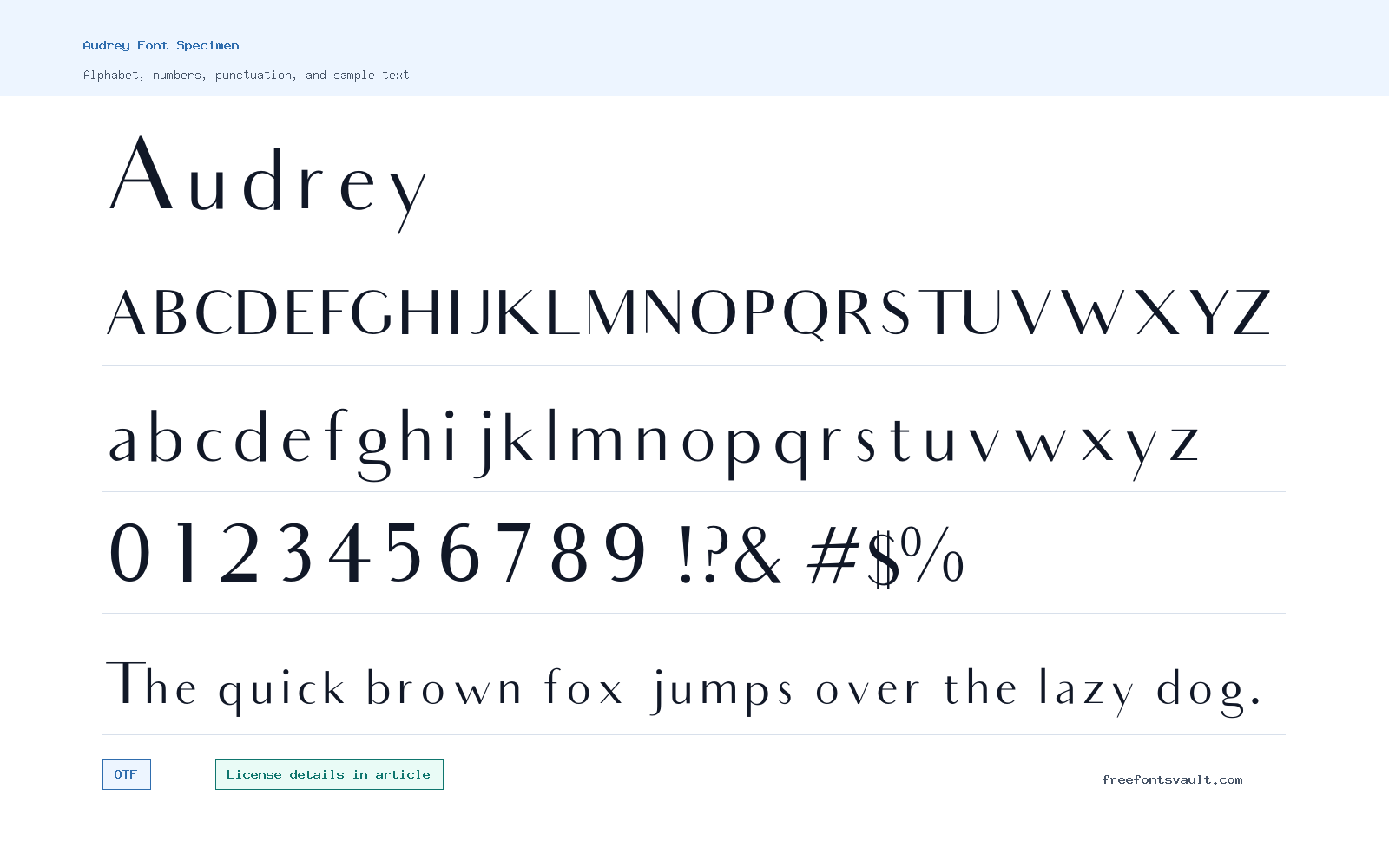 Audrey font specimen showing alphabet, numbers, and sample text