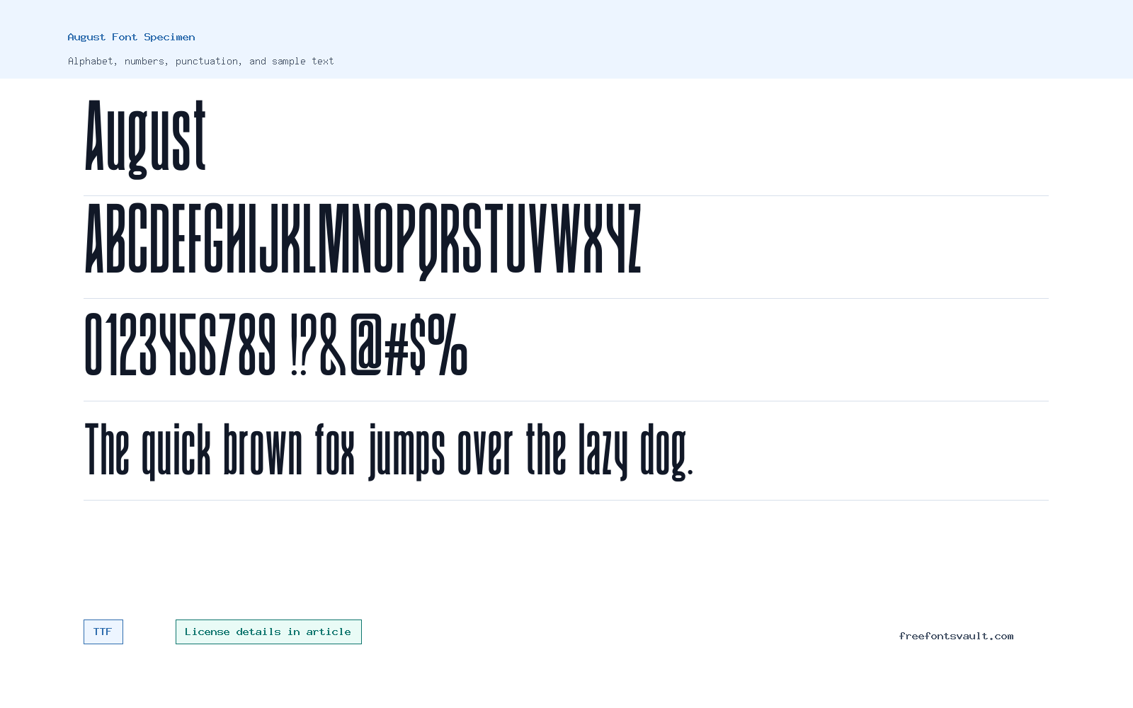 August font specimen showing alphabet, numbers, and sample text