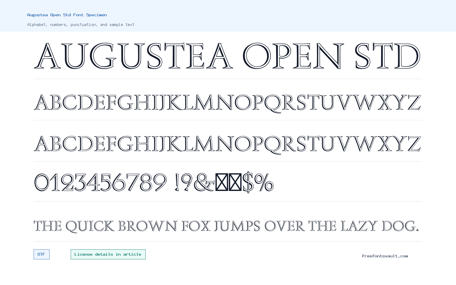 Augustea Open Std font specimen showing alphabet, numbers, and sample text
