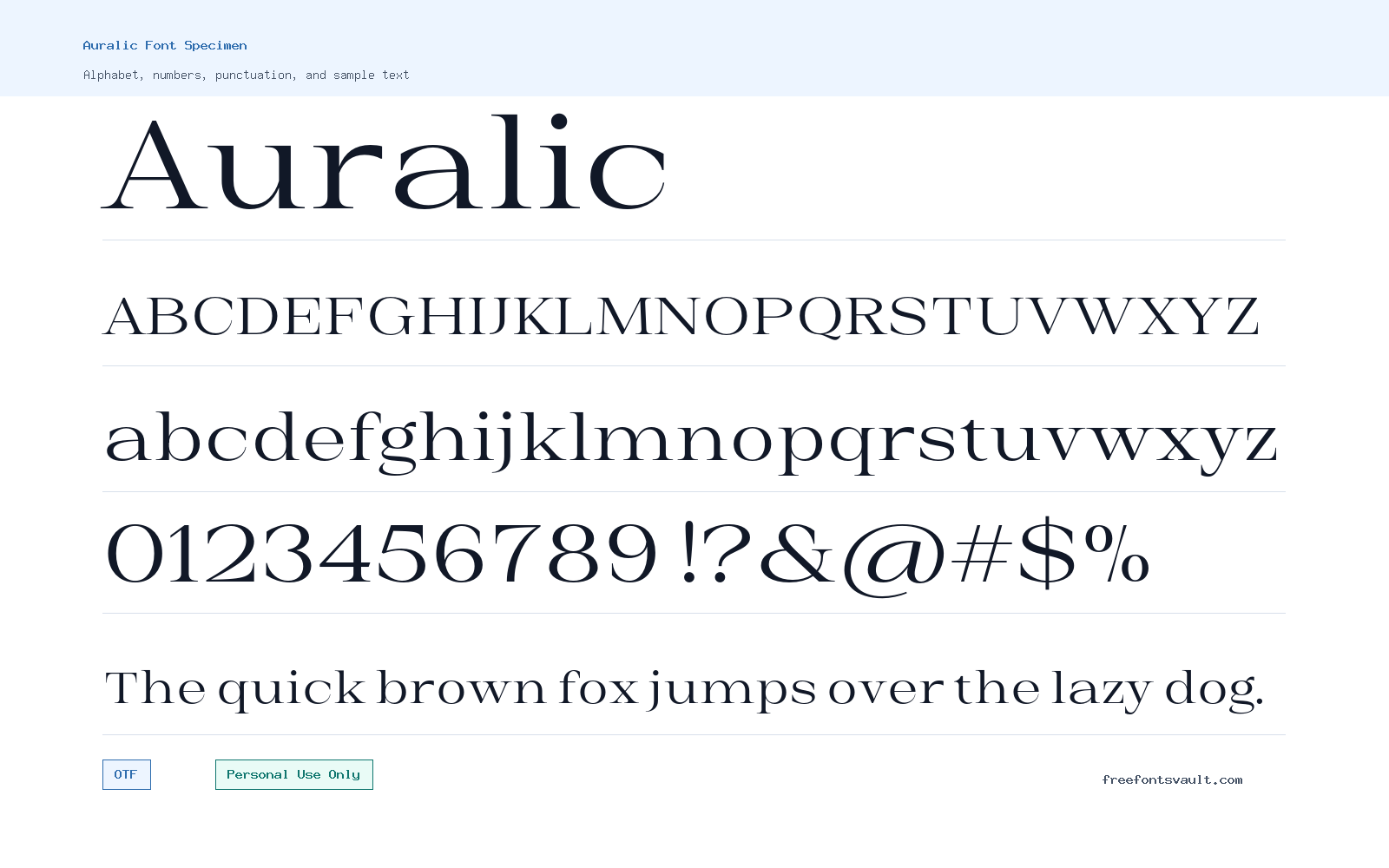 Auralic font specimen showing alphabet, numbers, and sample text