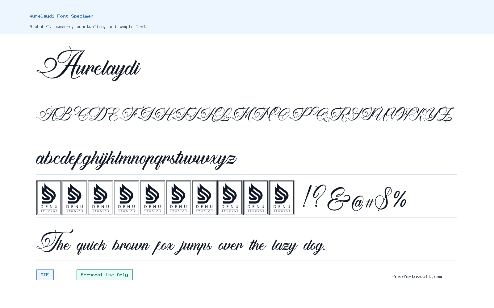 Aurelaydi font specimen showing alphabet, numbers, and sample text