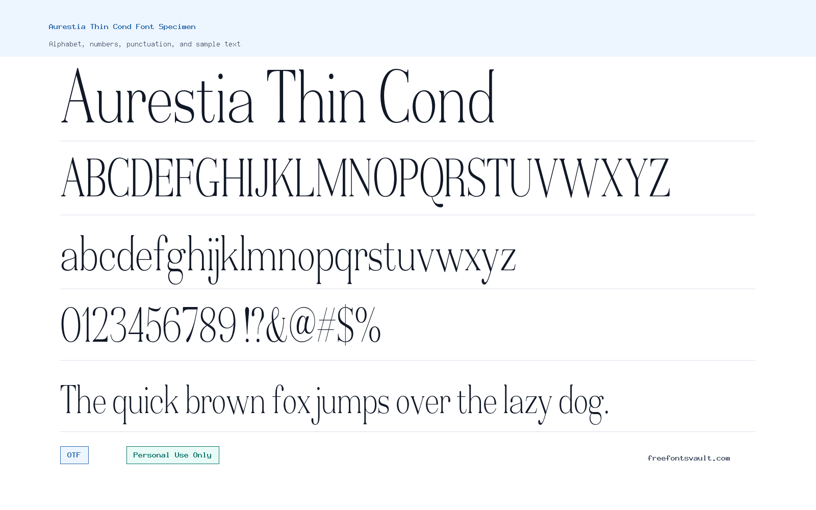 Aurestia Thin Cond font specimen showing alphabet, numbers, and sample text