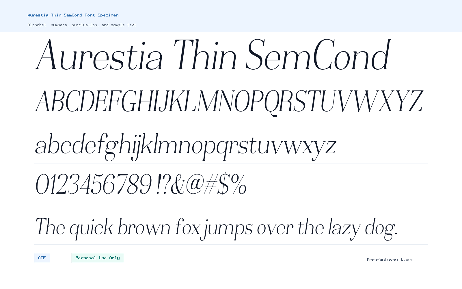 Aurestia Thin SemCond font specimen showing alphabet, numbers, and sample text