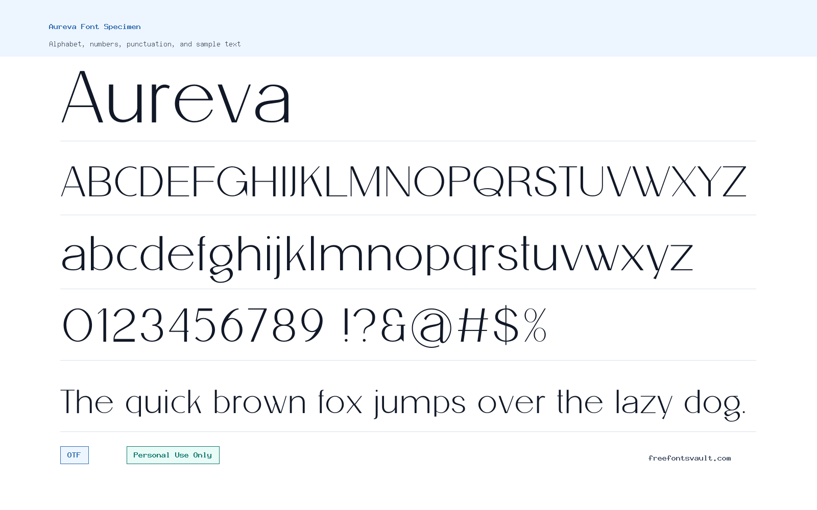 Aureva font specimen showing alphabet, numbers, and sample text