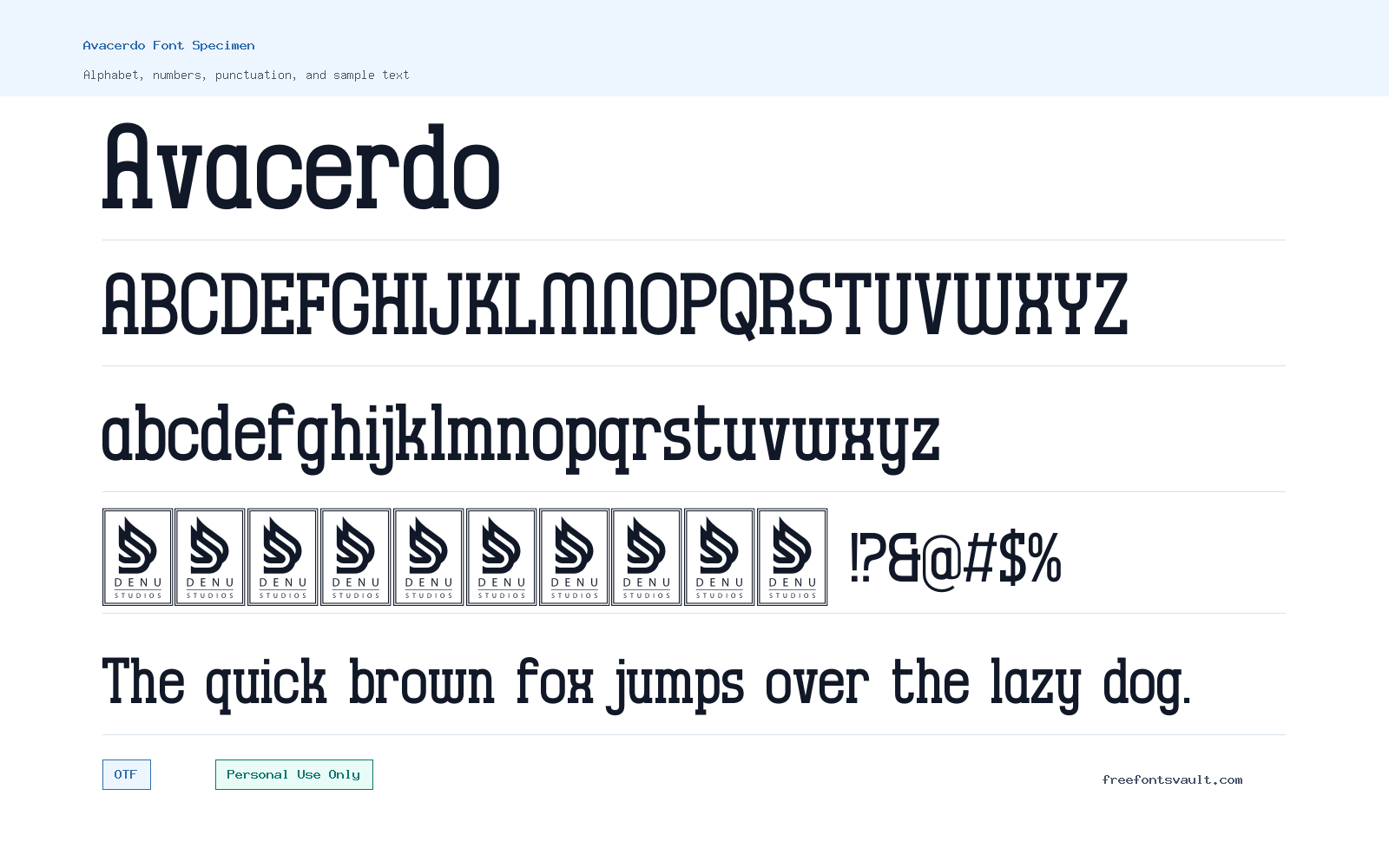 Avacerdo font specimen showing alphabet, numbers, and sample text