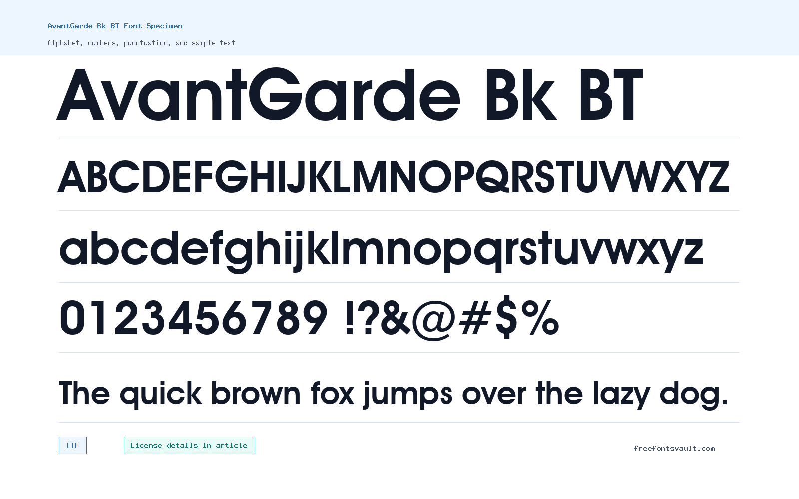 AvantGarde Bk BT font specimen showing alphabet, numbers, and sample text