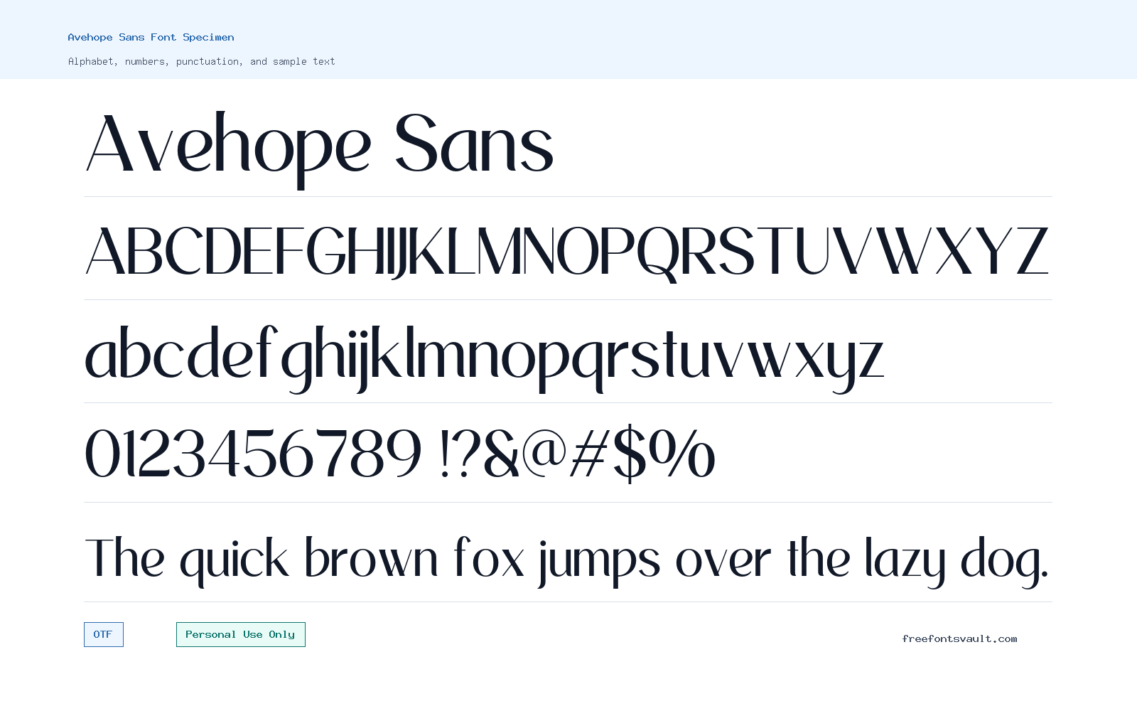 Avehope Sans font specimen showing alphabet, numbers, and sample text