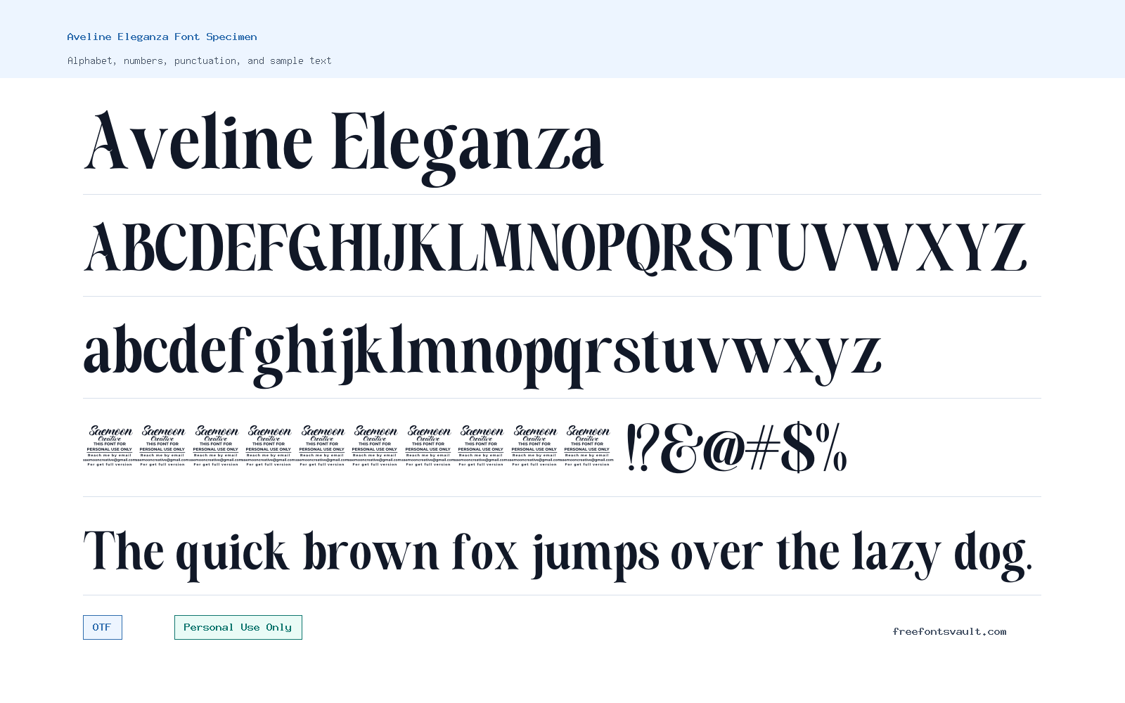 Aveline Eleganza font specimen showing alphabet, numbers, and sample text
