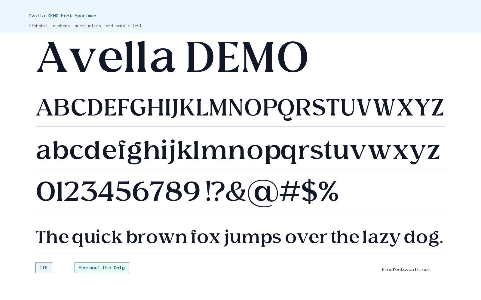 Avella DEMO font specimen showing alphabet, numbers, and sample text