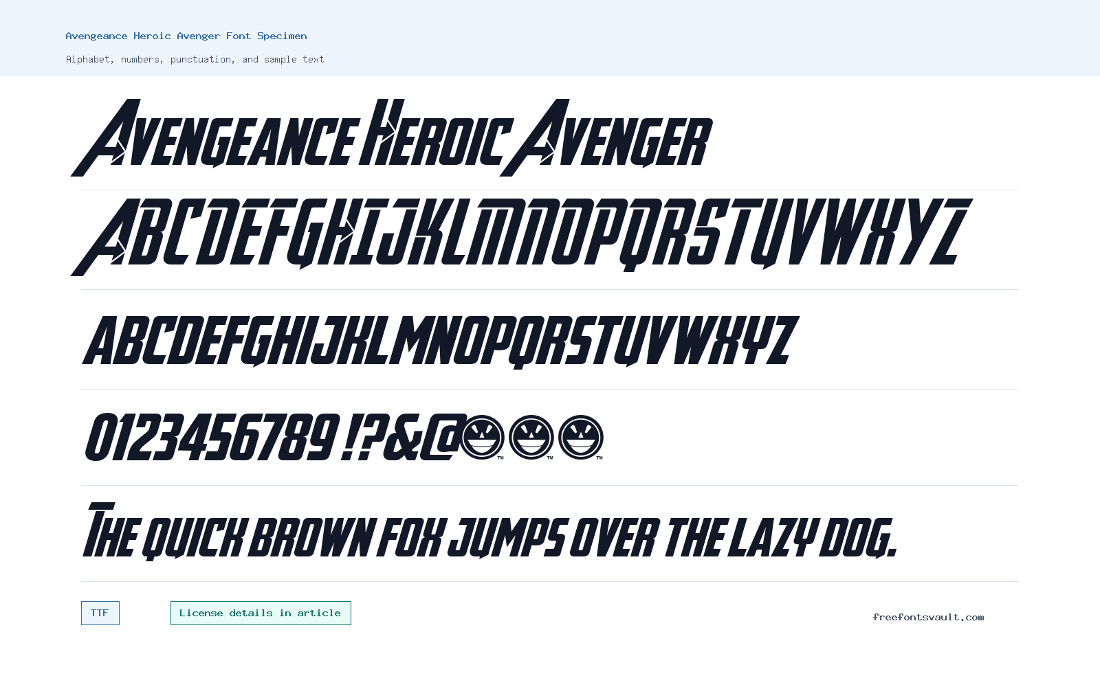 Avengeance Heroic Avenger font specimen showing alphabet, numbers, and sample text
