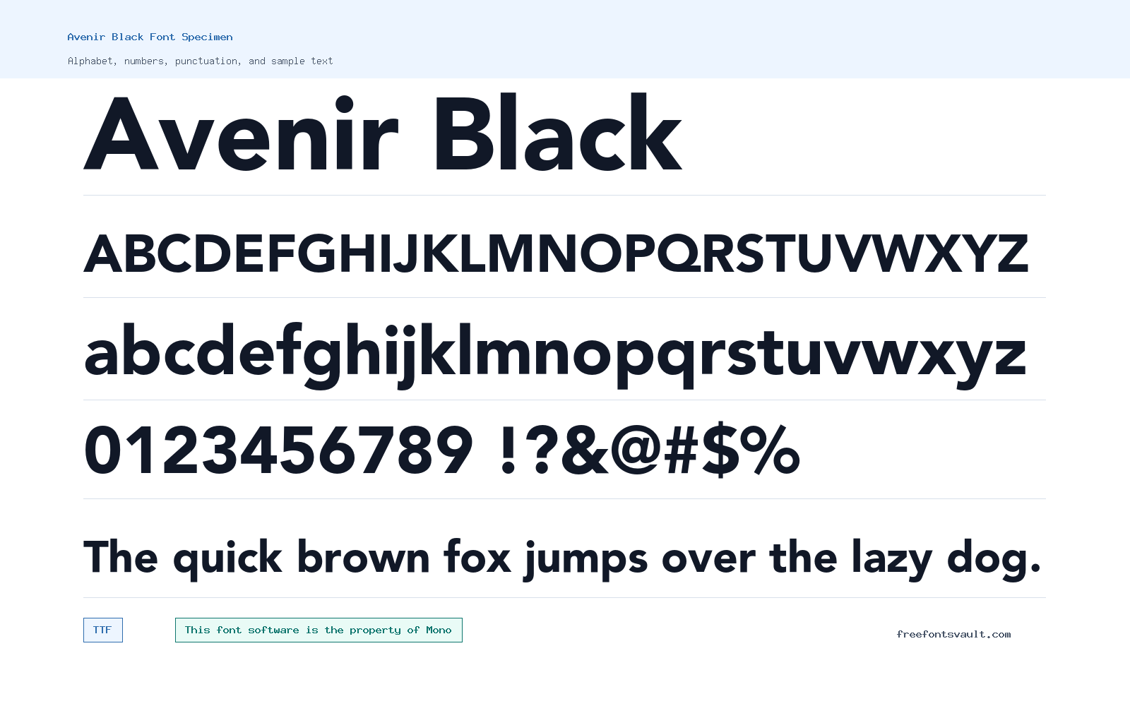 Avenir Black font specimen showing alphabet, numbers, and sample text