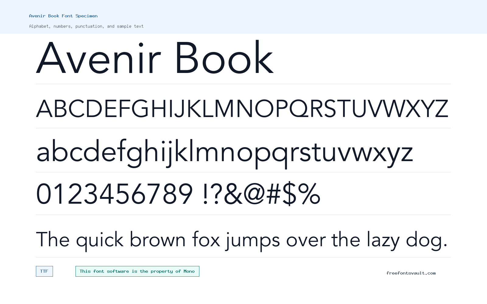 Avenir Book font specimen showing alphabet, numbers, and sample text