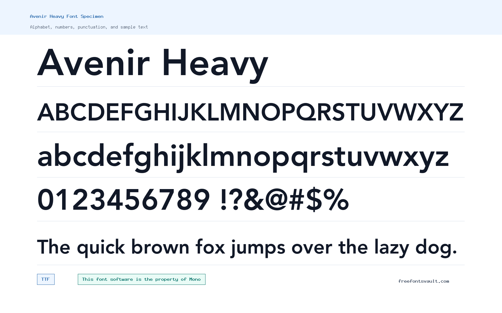 Avenir Heavy font specimen showing alphabet, numbers, and sample text