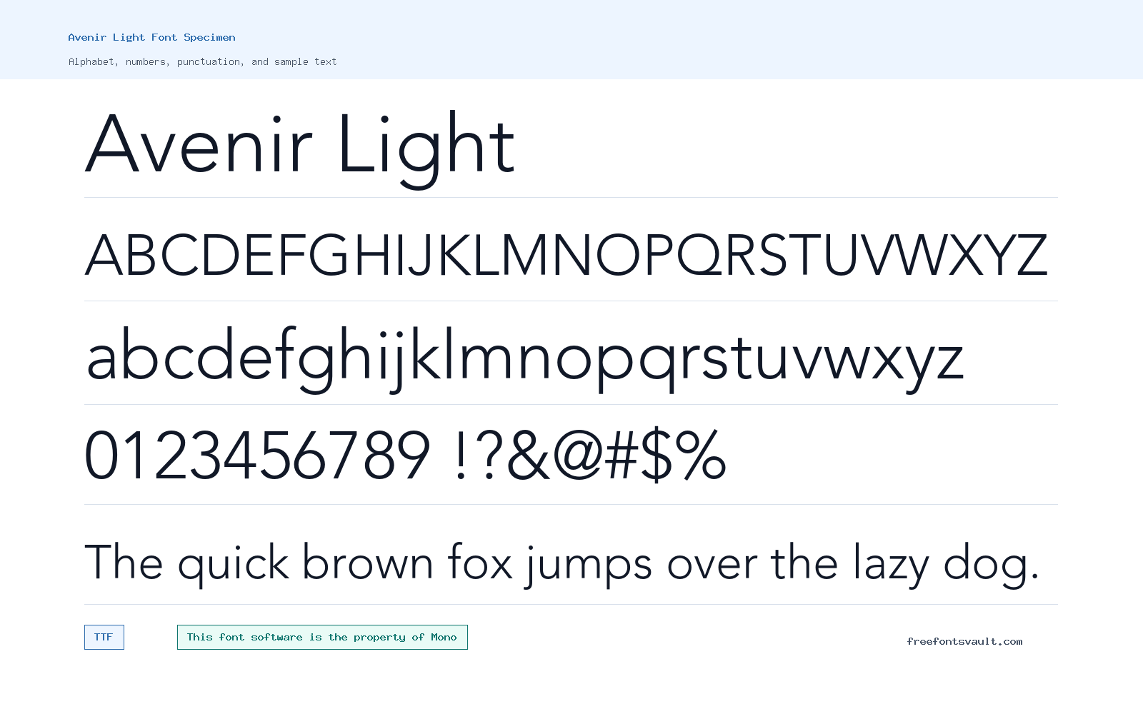 Avenir Light font specimen showing alphabet, numbers, and sample text