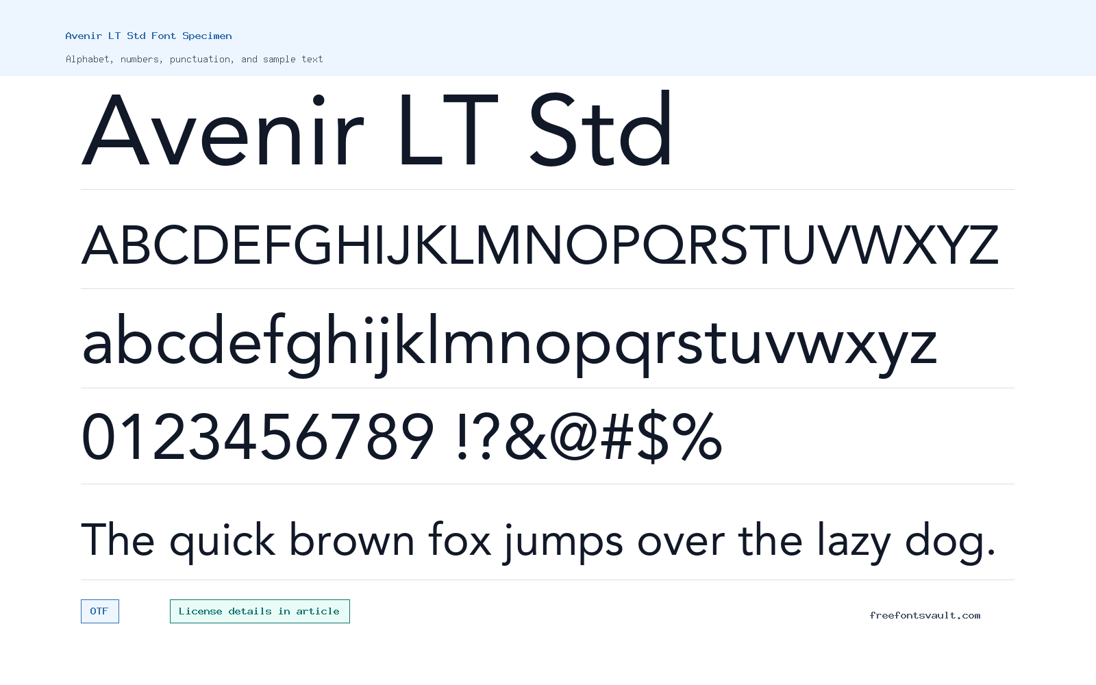 Avenir LT Std font specimen showing alphabet, numbers, and sample text