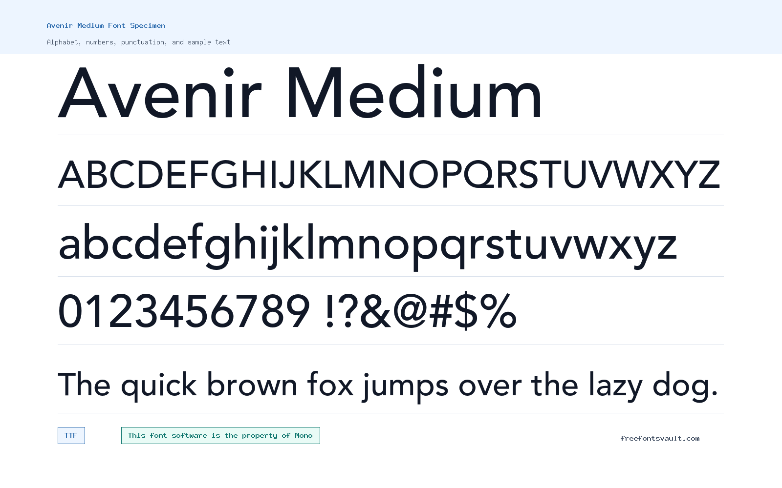 Avenir Medium font specimen showing alphabet, numbers, and sample text