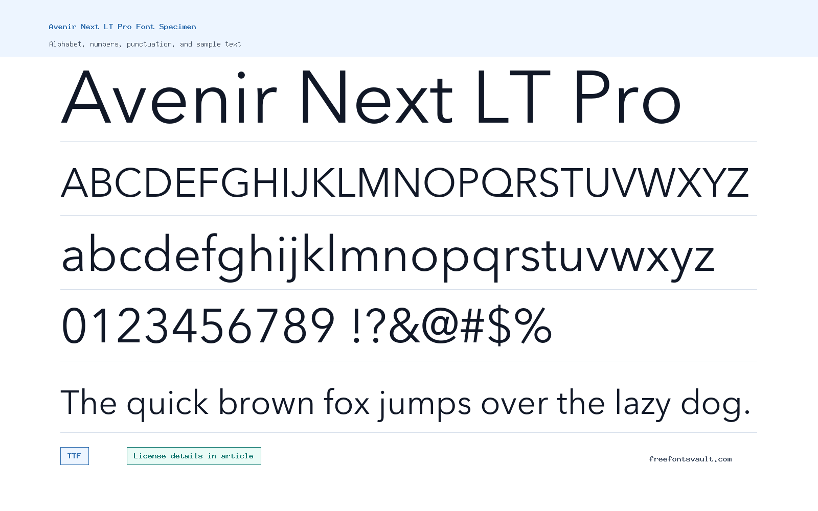 Avenir Next LT Pro font specimen showing alphabet, numbers, and sample text