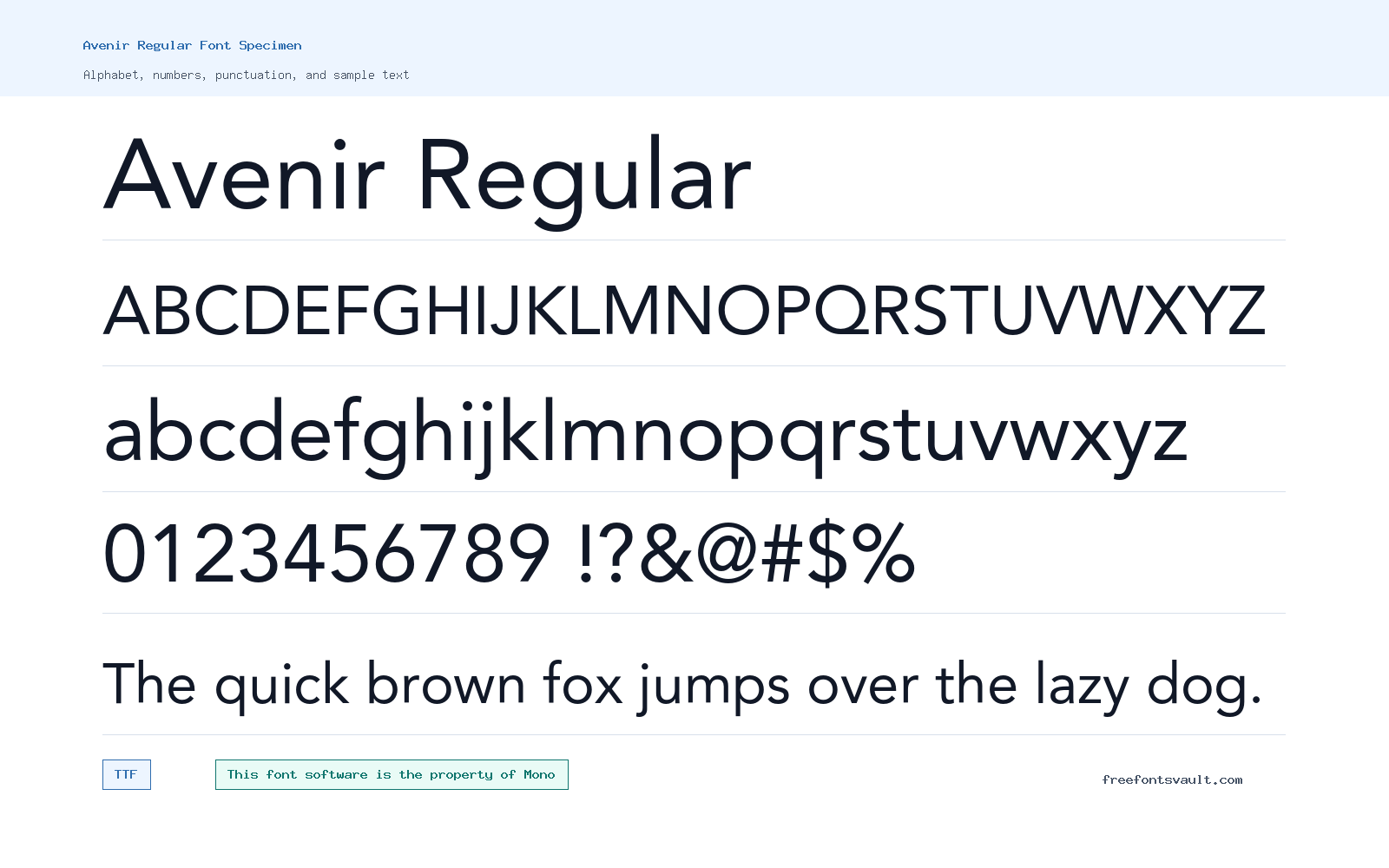 Avenir Regular font specimen showing alphabet, numbers, and sample text