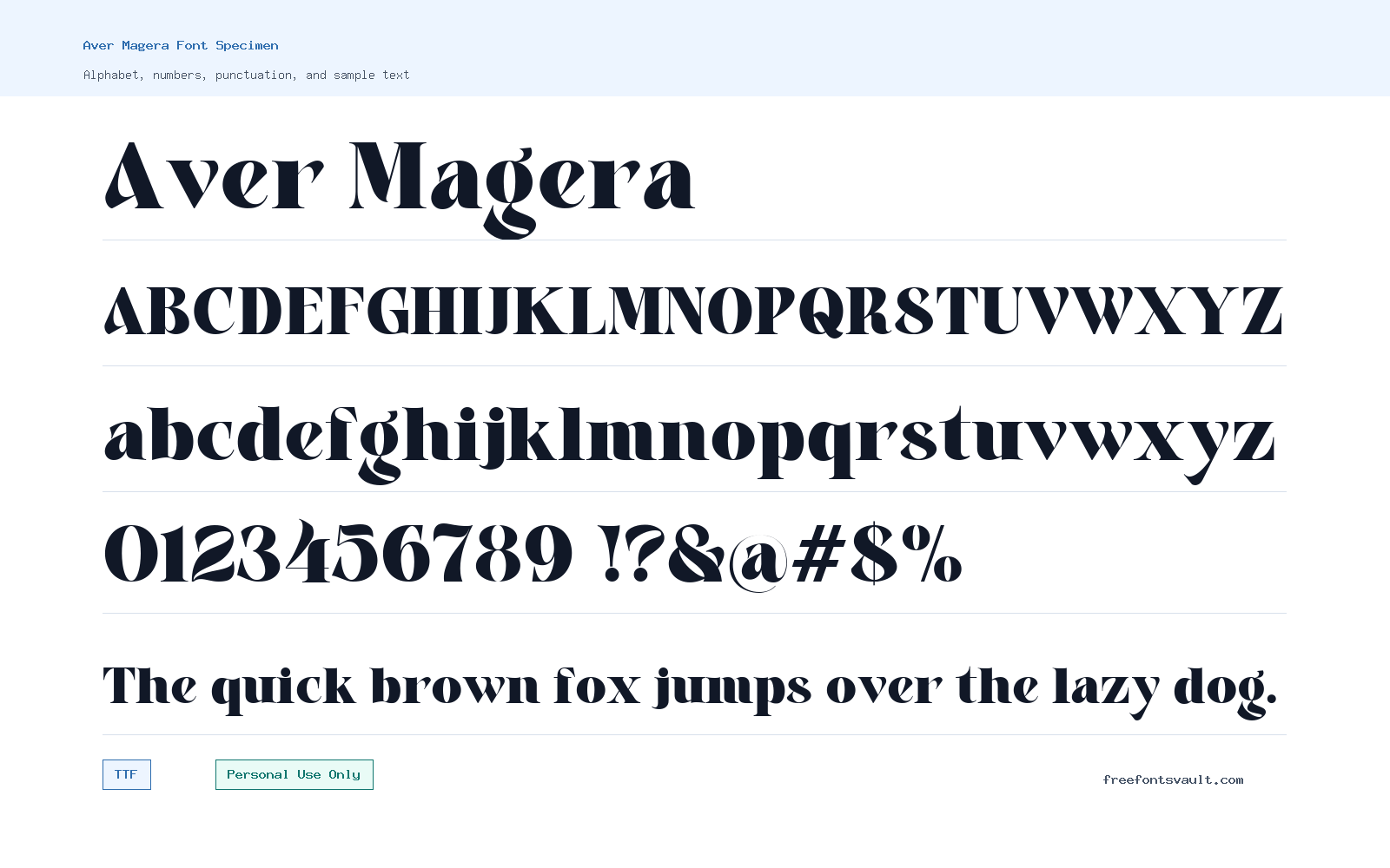 Aver Magera font specimen showing alphabet, numbers, and sample text