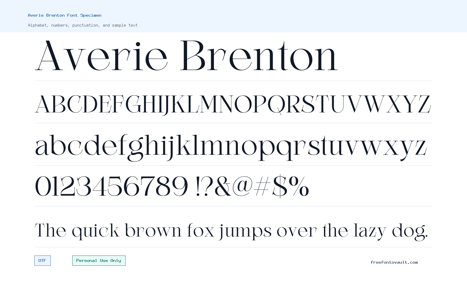 Averie Brenton font specimen showing alphabet, numbers, and sample text