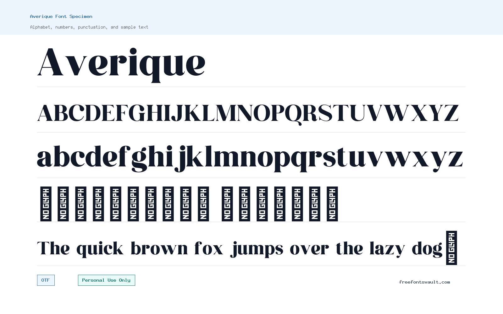 Averique font specimen showing alphabet, numbers, and sample text