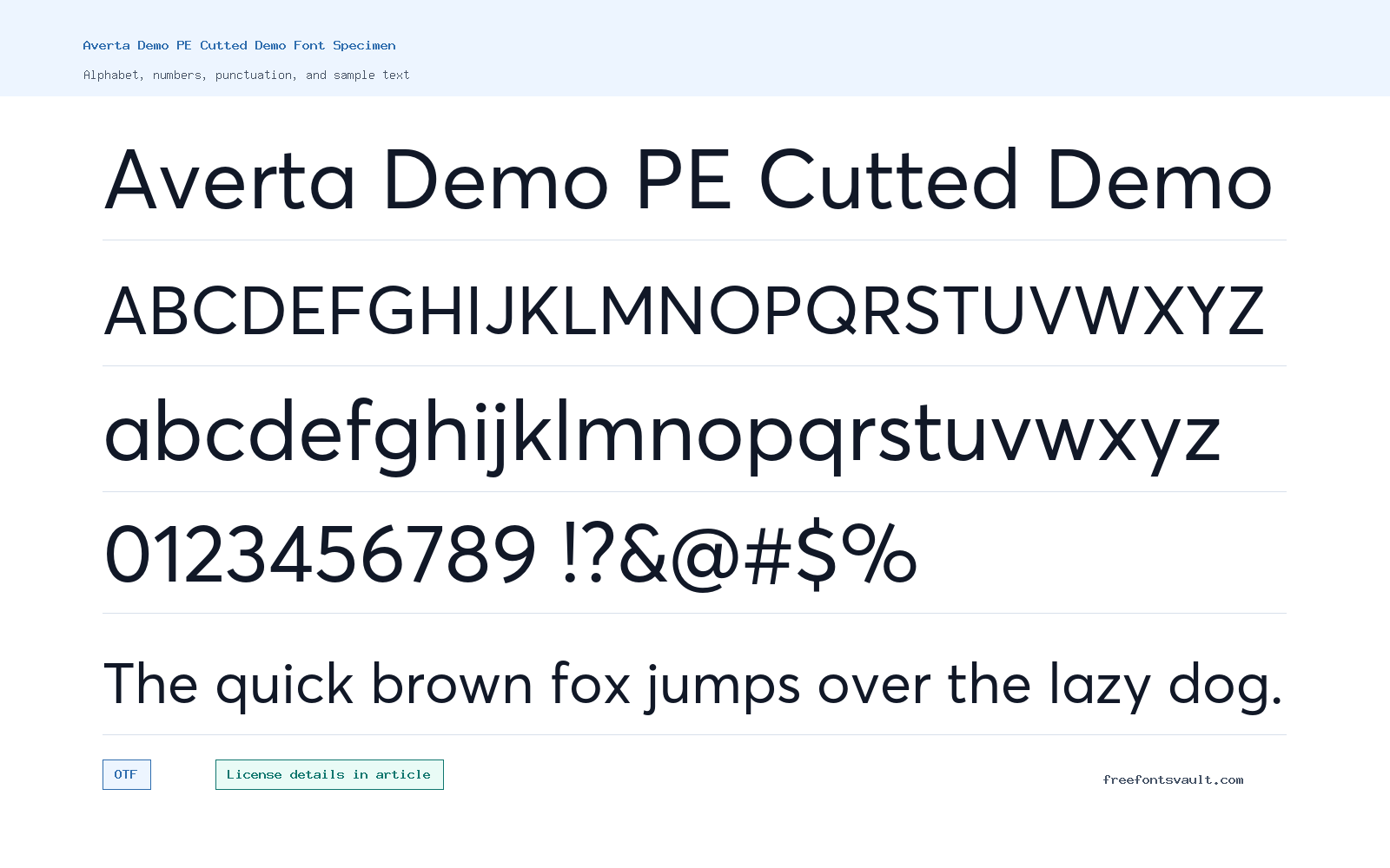 Averta Demo PE Cutted Demo font specimen showing alphabet, numbers, and sample text