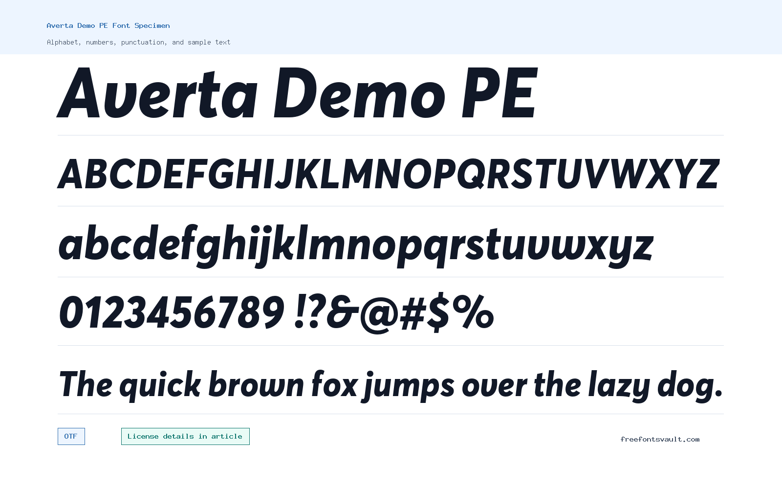Averta Demo PE font specimen showing alphabet, numbers, and sample text