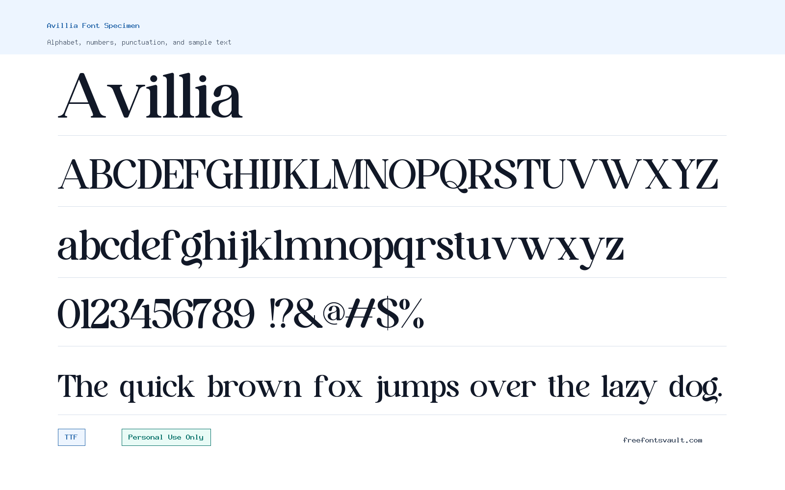 Avillia font specimen showing alphabet, numbers, and sample text