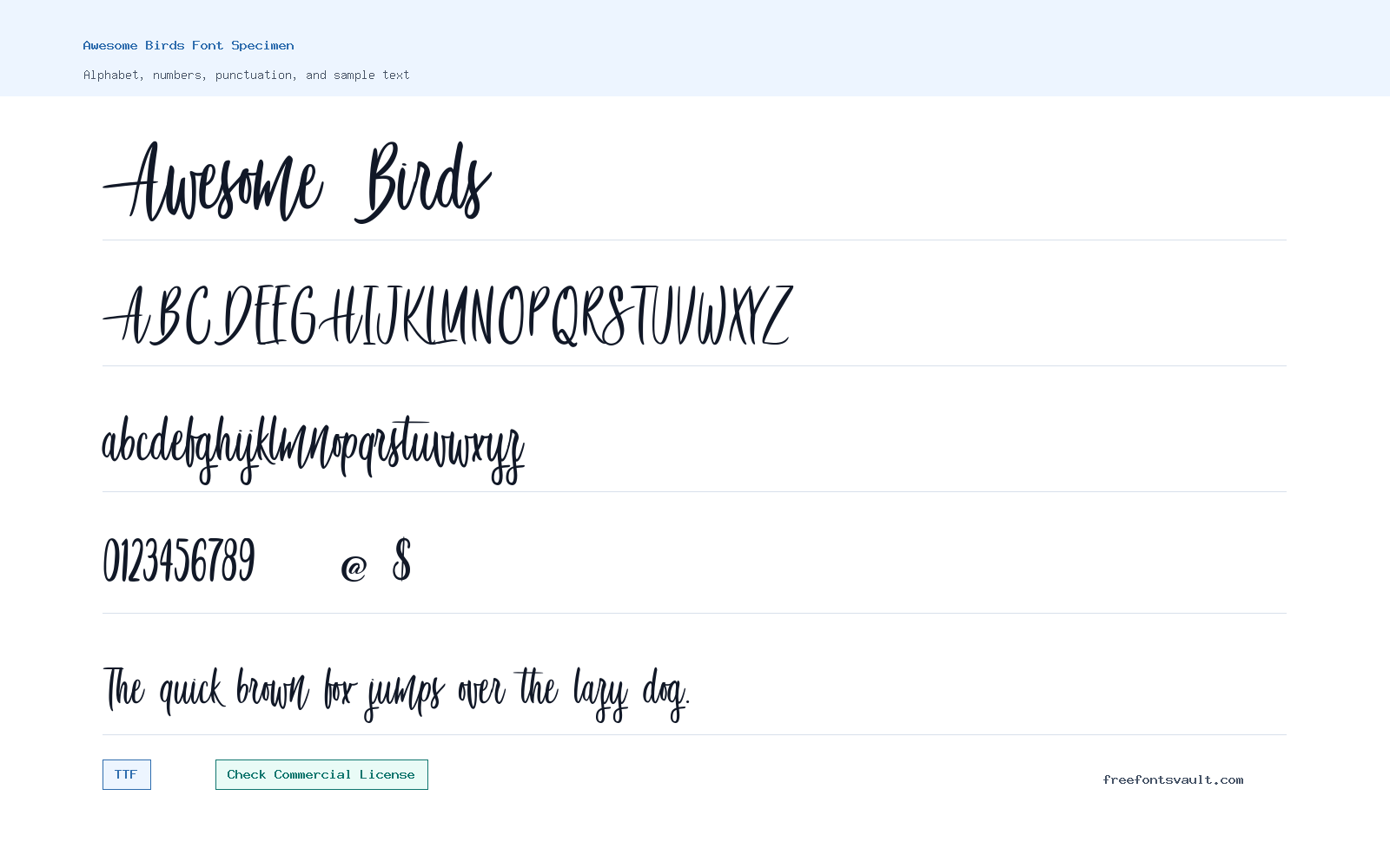 Awesome Birds font specimen showing alphabet, numbers, and sample text
