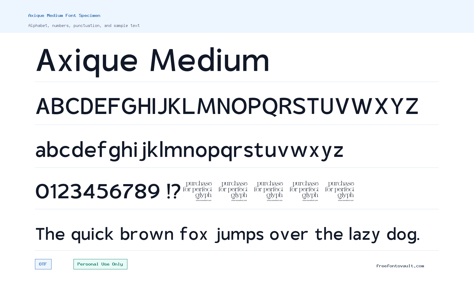 Axique Medium font specimen showing alphabet, numbers, and sample text