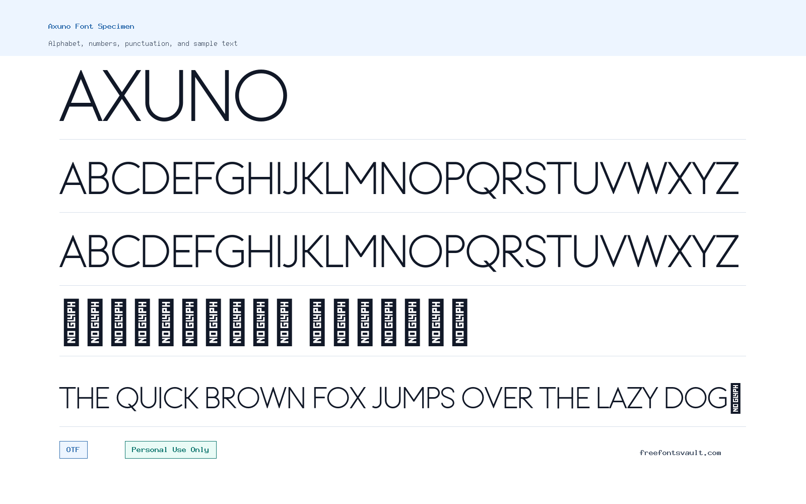 Axuno font specimen showing alphabet, numbers, and sample text