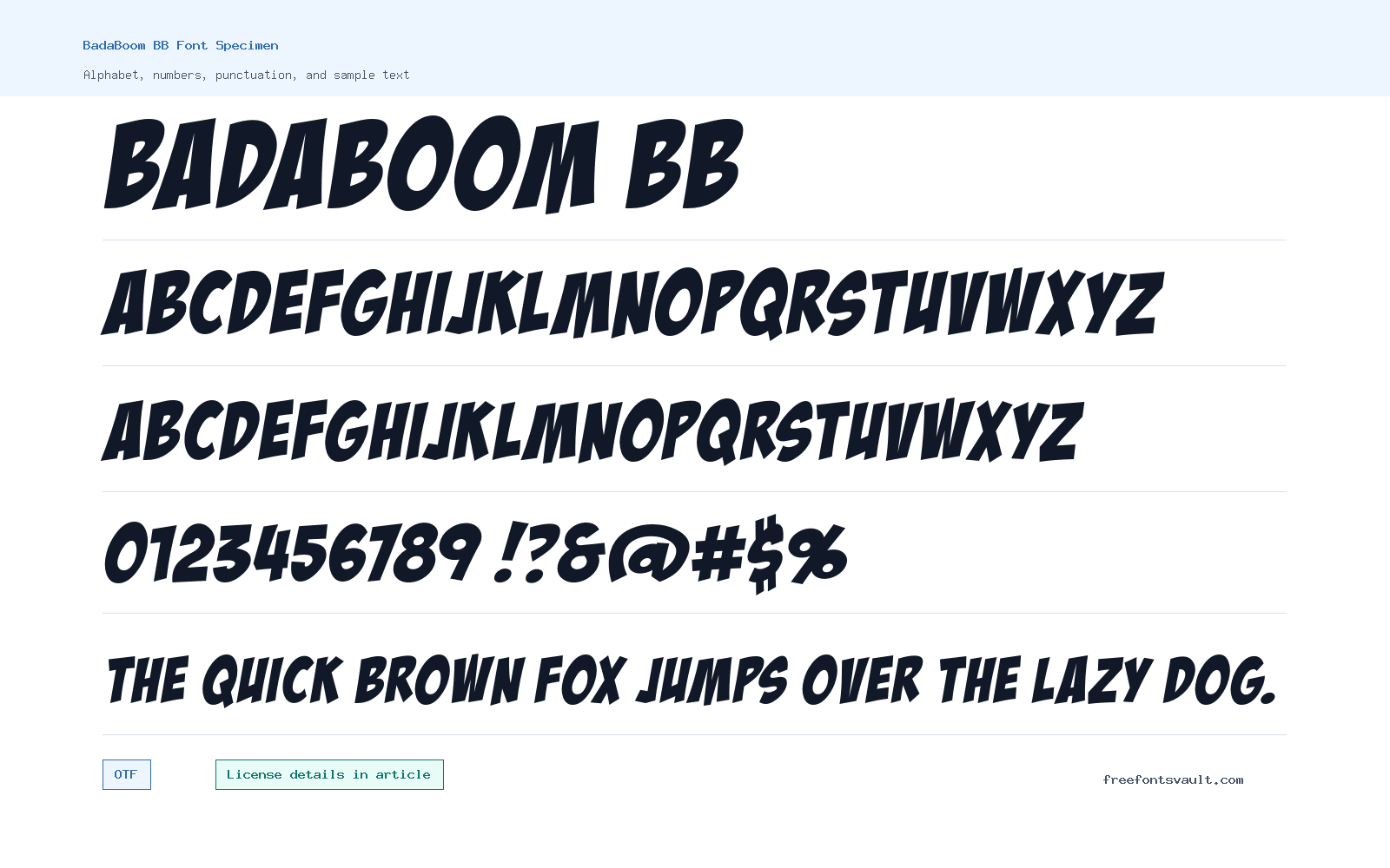BadaBoom BB font specimen showing alphabet, numbers, and sample text