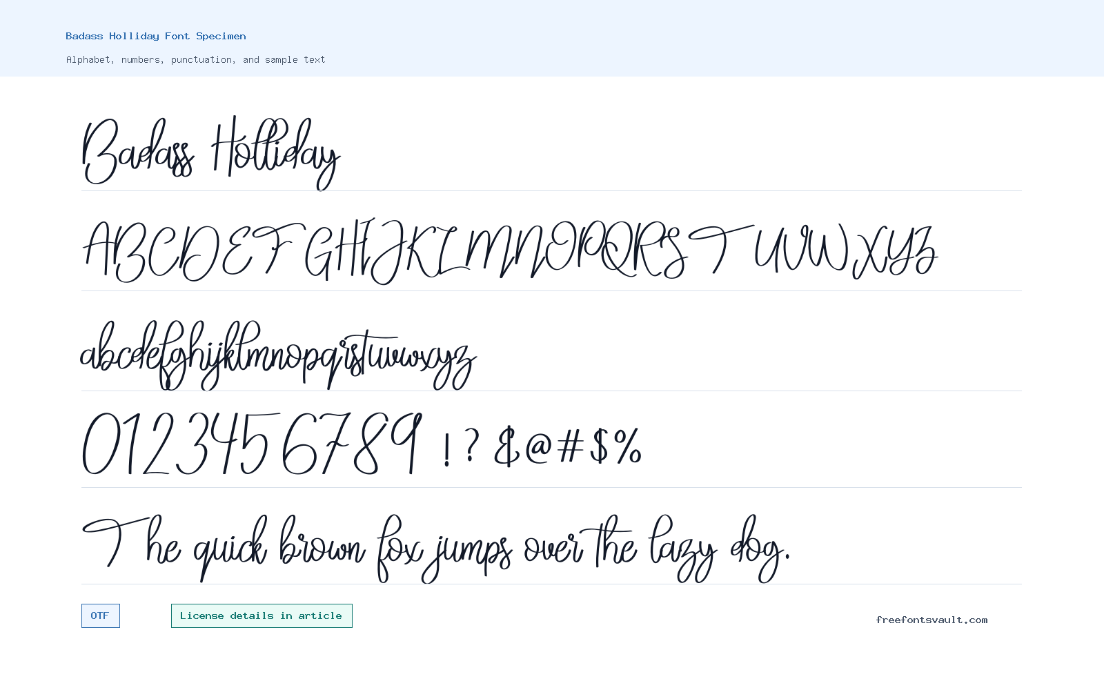 Badass Holliday font specimen showing alphabet, numbers, and sample text