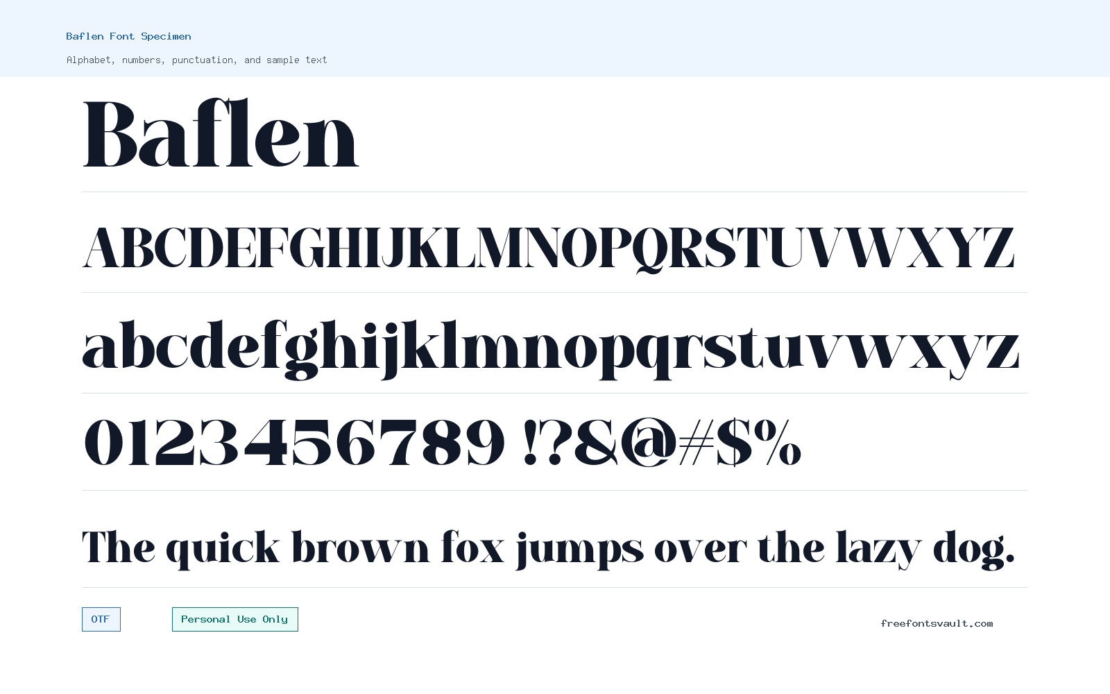 Baflen font specimen showing alphabet, numbers, and sample text