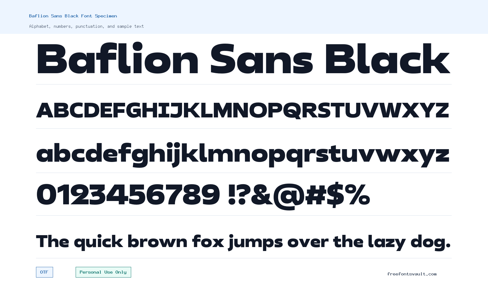 Baflion Sans Black font specimen showing alphabet, numbers, and sample text