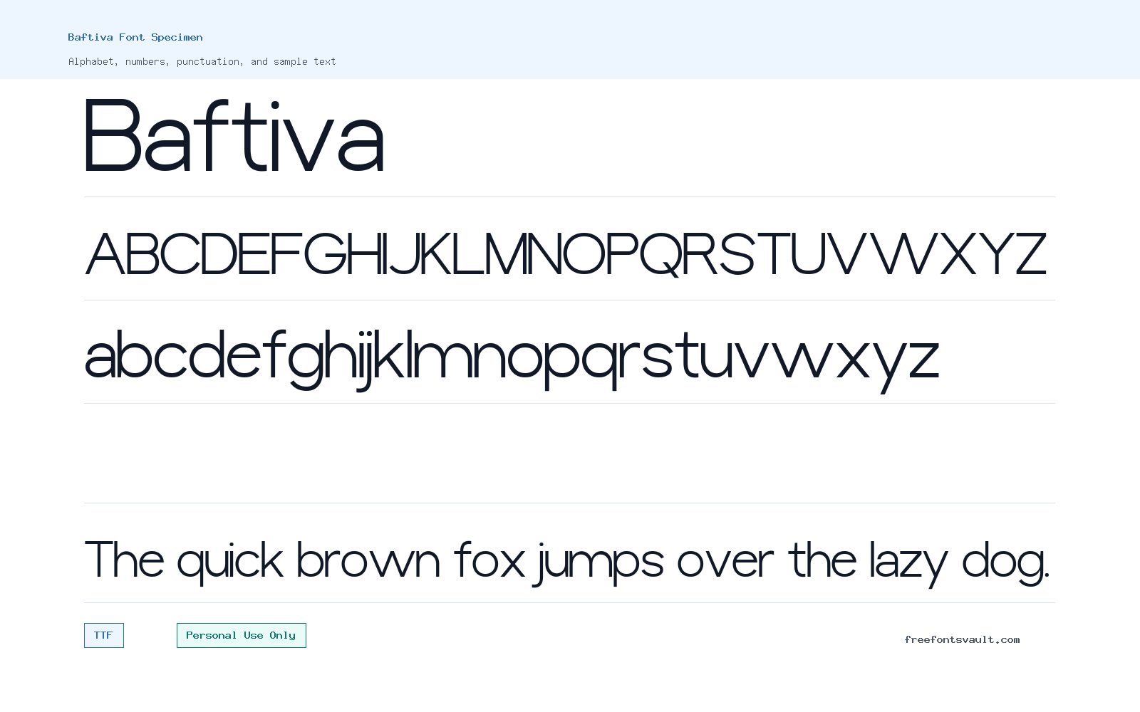 Baftiva font specimen showing alphabet, numbers, and sample text