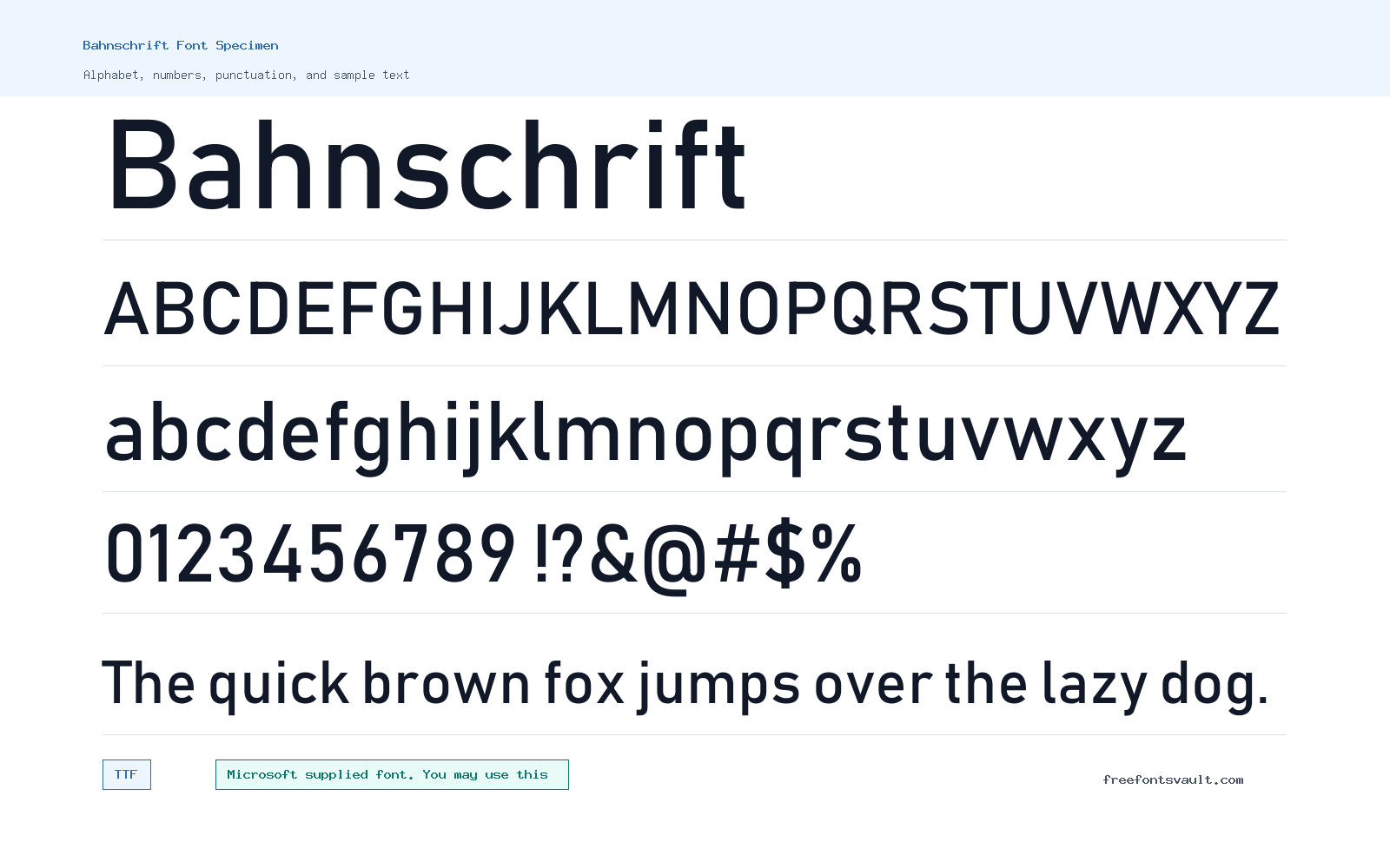 Bahnschrift font specimen showing alphabet, numbers, and sample text